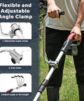 Ergonomic Trimmer Grip With Shoulder Strap Harness for String Trimmers and Weed Eaters, shown with clamp adjustments in use.