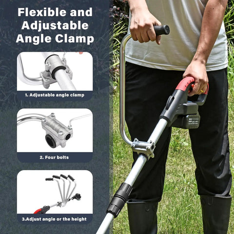 Ergonomic Trimmer Grip With Shoulder Strap Harness for String Trimmers and Weed Eaters, shown with clamp adjustments in use.