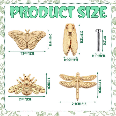 Product size chart of 8 Piece Insect Themed Cabinet Knobs Set For Dresser Cupboard Wardrobe Handles Featuring Butterfly Dragonfly Bee Cicada Styles In Gold Finish Easy DIY Makeover To Give Bedroom And Living Space A Fresh Modern Look