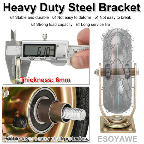 Heavy Duty Swivel Caster Wheels Set Of Four With Ten Inch Silent Pneumatic Rubber Tires And Steel Brake Plates For Industrial Carts Or Shop Workbenches. Steel bracket with measuring caliper showcasing 6mm thickness.