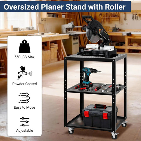 Heavy Duty Planer Stand With 27.6 Inches By 24 Inches Work Surface, Adjustable Height From 31 To 44.7 Inches, 550 Pound Capacity, Four Casters, And Built In Storage Shelves For Planers Saws Bench Top Machines And Power Tools in workshop with tools.