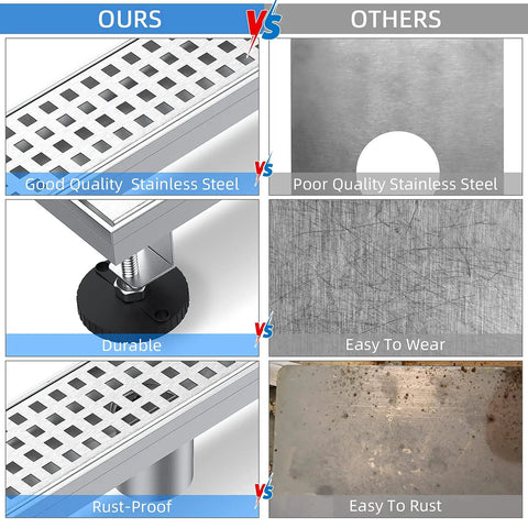 Comparison of 60 Inch Linear Shower Drain in Brushed Nickel vs others highlighting durability and rust resistance.