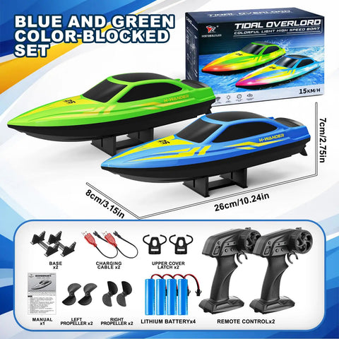 2 Pack Remote Control Boats Featuring 7-Mode LED Lights, 10 Inch RC Speedboats, 15 KMH High Speed with accessories and remotes