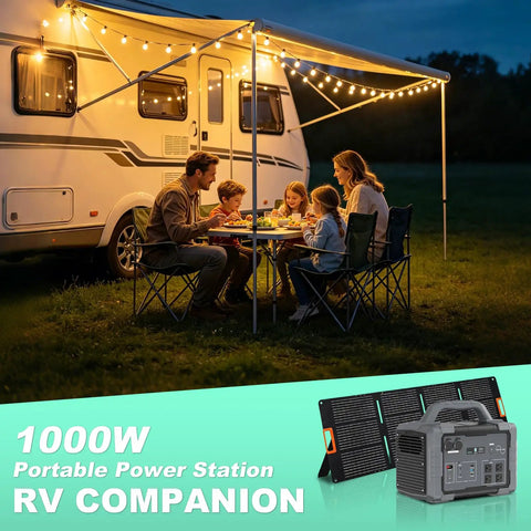 1000W Portable Power Station With Solar Panel 1024Wh Capacity for Home and Outdoor Use at campsite dining scene