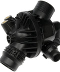 Heavy Duty Engine Coolant Thermostat Housing Assembly Direct Fit Replacement image showing black plastic design with multiple connections.