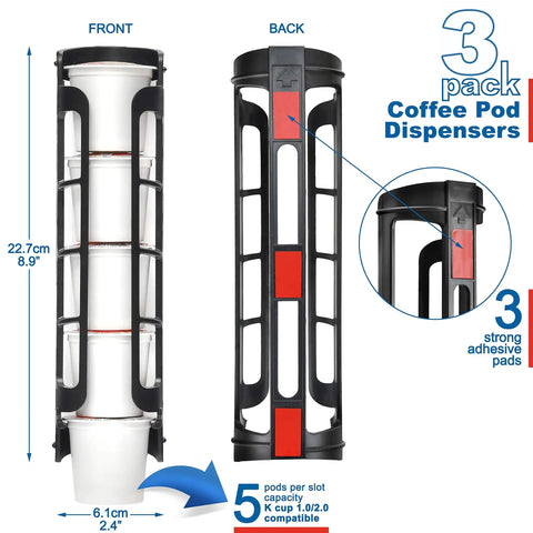 Side Mount Coffee Pod Holder For Keurig Machines, Space Saving K Cup Organizer, Expandable 15 Cup Capacity With 3 Rows, Easy Install With 3M Adhesive Pads, Perfect For Small Counters, Black, 3 Pack showing black frame, adhesive pads, and pod capacity.