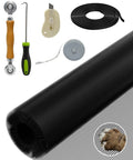 Six Piece Window And Door Screen Replacement Repair Kit With Charcoal Fiberglass Mesh Vinyl Spline Tools for Busted Screen Holes, including mesh and tools.