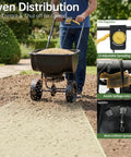 Person using All Season 70-Pound Fertilizer Spreader with 15-Level Precision Control, waterproof hopper, 8-inch tires on lawn