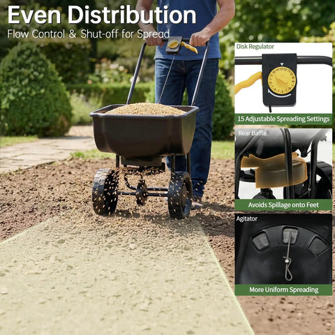 Person using All Season 70-Pound Fertilizer Spreader with 15-Level Precision Control, waterproof hopper, 8-inch tires on lawn