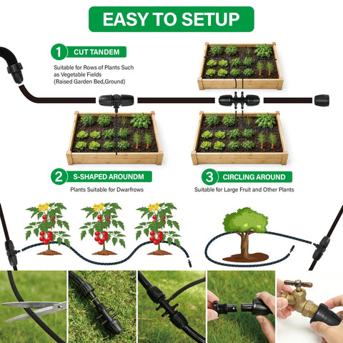Drip Irrigation System with 100 ft quarter inch soaker hose and 10 ft half inch tubing for raised beds, veggies, lawn, and greenhouse setup.