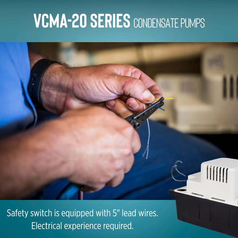 Person installing 115 Volt Automatic Condensate Removal Pump For HVAC Refrigeration And Dehumidifiers With 80 GPH Capacity, 1/30 HP Thermally Protected Motor, Vertical Type Switch, Overflow Detection Switch, 6 Foot Cord White And Black Model 554425 with safety switch.