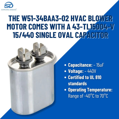 Image of a single oval capacitor for HVAC Blower Motor Replacement Three Quarters HP 1 Phase Three Speed 120 Volt 1075 RPM Model Specific.