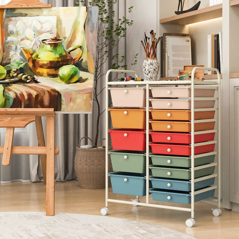 Colorful 15 Drawer Rolling Storage Cart With Lockable Wheels And Removable Drawers in an art studio setting