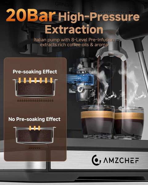 Espresso Machine With Built In Grinder For Home Use 20 Bar Pressure 1350W Fast Heating showing high-pressure extraction effect
