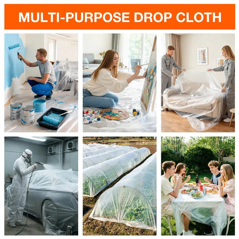 Clear Plastic Drop Cloths 10 Pack 9x12 Ft Tarp For Painting used for various protective purposes in home and garden scenarios