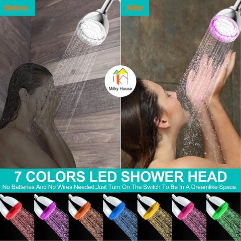 Lit LED Shower Head With Color Changing Lights in use, showing high pressure rain feature and 7 color auto cycle on ABS chrome finish