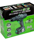 Box of Beefy 20V Cordless Drill With One Half Inch Metal Ratcheting Chuck 450 Inch Pounds Of Torque Two Speed Gear Box