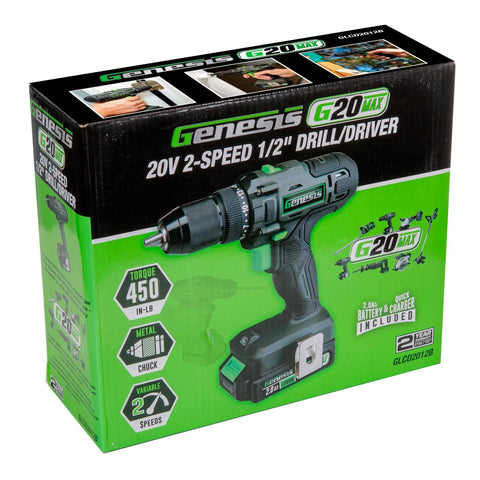 Box of Beefy 20V Cordless Drill With One Half Inch Metal Ratcheting Chuck 450 Inch Pounds Of Torque Two Speed Gear Box