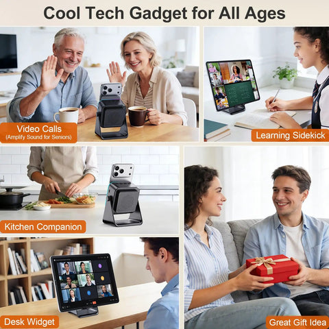 Induction Phone Stand Speaker With Colorful Lights And 3500mAh Battery Portable Hands Free Amplifier For iPhone iPad Android Samsung No Bluetooth Hassle Required on desk with people using it for video calls and gifts.