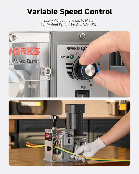 Close-up of variable speed control on 250W Automatic Wire Stripper Machine With Adjustable Speed For 0.06 To 1.18 Inch Cables.