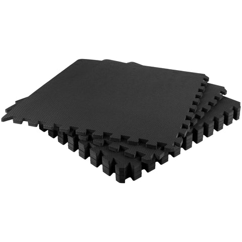 Six Piece EVA Foam Floor Tile Set With Interlocking Pads 24 Sq Ft Coverage For Garage Home Gym Or Kids Playroom Durable Black Puzzle Mats