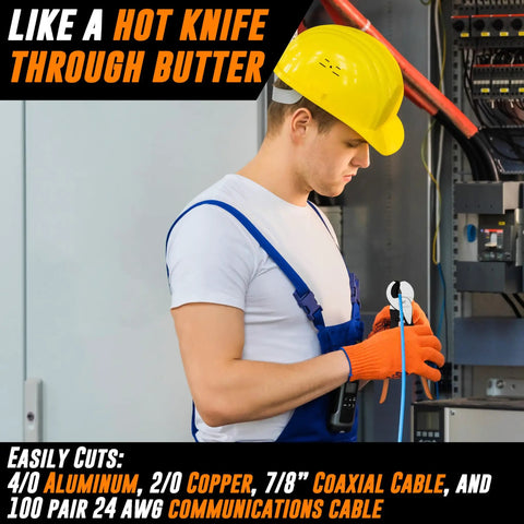 Electrician using 10 Inch Heavy Duty Cable Cutters For Electrical Wire With Ergonomic Grip, cutting wire in an industrial setting.
