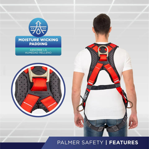 Man wearing 5 Point Fall Protection Harness With Quick Connect Buckle And 3D Ring, Grommet Leg Straps, Sewn In Back Pad, Red Universal
