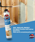 Hardcore Closed Cell Expanding Foam Bundle With 48 Packs Of Class A Fire Rated Spray Foam Insulation Knocks Heat And Echoes While Locking Walls Down At R Value 11.32 Includes Trigger Gun Plus Rapid Rinse Cleaner being applied for dense air barrier.