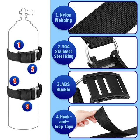 Two Pack Scuba Tank Holder Straps with adjustable webbing belt, ABS cam buckles, and anti-slip pad for universal dive gear.