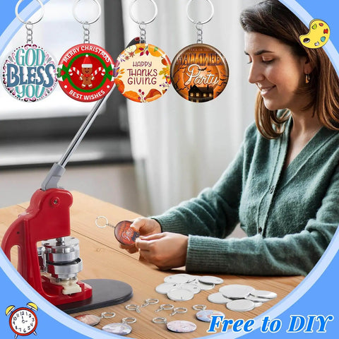 Woman using 100 Sets Button Maker Kit 58mm 2.25 Inch Includes 100 Metal Shells 100 Films 100 Back Covers 100 Keychains and 1 Ring