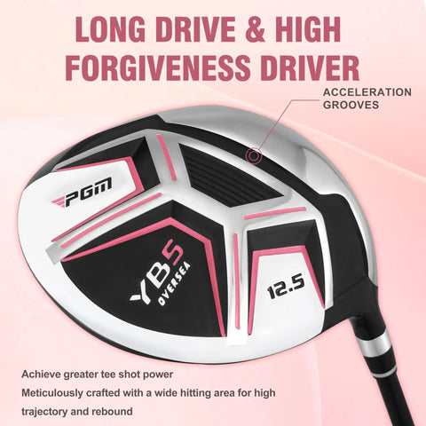 Women's 12 Piece Golf Club Set With 460cc Driver showcasing clubhead details in black, white, and pink design.