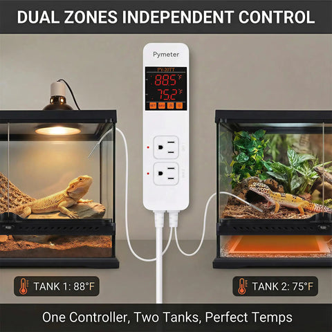 Dual Probe Digital Temperature Controller For Reptile Terrarium Thermostat With Two Independent Outlets For Heating And Cooling