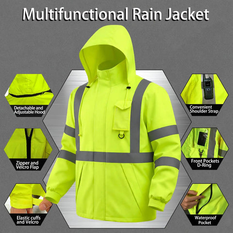 Top Shelf Class 3 High Visibility Safety Rain Jacket For Men Straight Up Waterproof Reflective Construction Workwear Weather Hardened Storm Beaters Breathable Lining Yellow Large Xl
