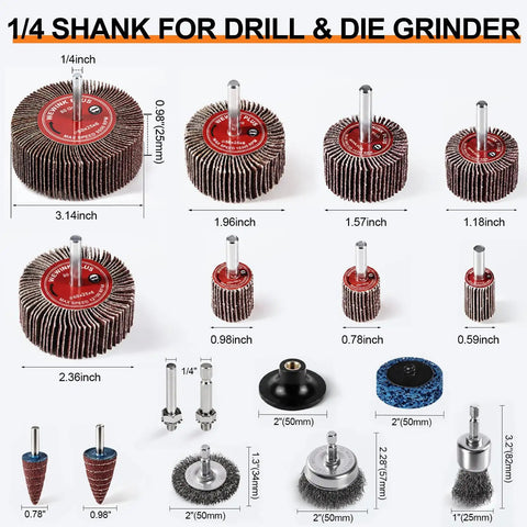 35 Piece Flap Sanding Kit, Pro Grade, With One Quarter Inch Shank For Drill And Die Grinder Includes 16 Flap Wheels, 4 Cone Wheels