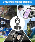 Universal Phone Mount Adapter for Spotting Scopes and Telescopes with 3 Axis Precision Alignment displaying sports and wildlife images.