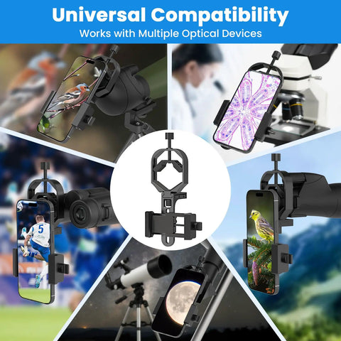 Universal Phone Mount Adapter for Spotting Scopes and Telescopes with 3 Axis Precision Alignment displaying sports and wildlife images.