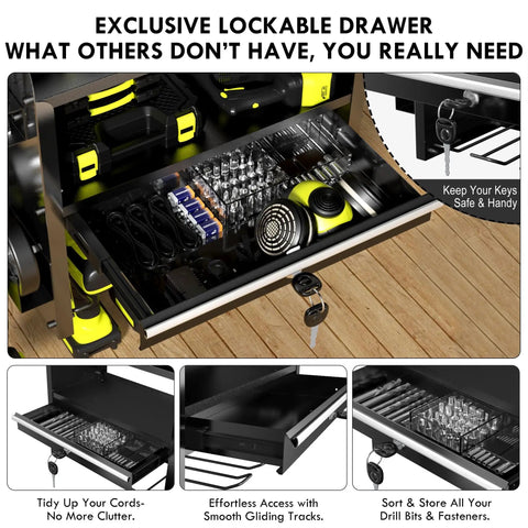 Power Tool Organizer Wall Mount With Drill Rack And Locking Drawers Heavy Duty Metal Tool Shelf For Garage Or Workshop Shed And Basement Built In 4 Outlet Charging Station Killer Gift For Men And Dads with secure lockable drawer