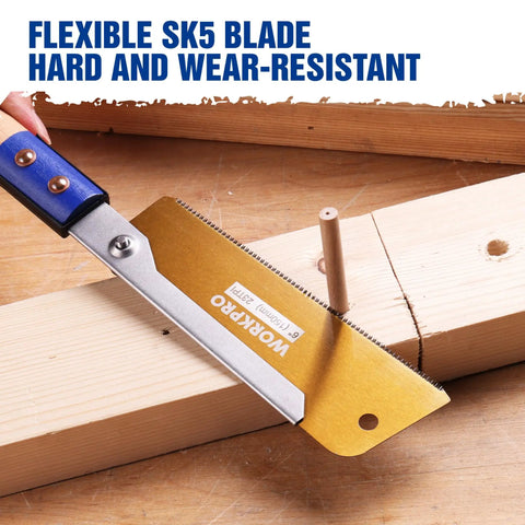 Heavy Duty Japanese Pull Saw For Fine Woodworking 6 Inch Dovetail Blade With 23 TPI SK5 Steel Cuts Like A Dream And Needs Zero Sanding For Smooth Precision Joinery, showing flexible SK5 blade.