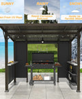 10x10 Hardtop Grill Gazebo With Storage Shelves And Expansion Platform Durable Galvanized Steel Lean-To Canopy Outdoor BBQ Shelter With Grey-Black Privacy Screen For Patio And Backyard installed with grill in use.