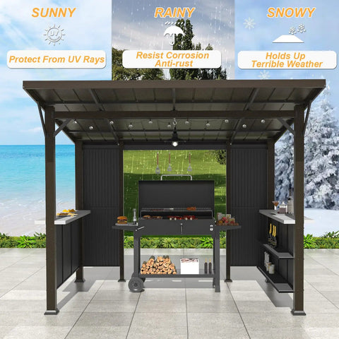 10x10 Hardtop Grill Gazebo With Storage Shelves And Expansion Platform Durable Galvanized Steel Lean-To Canopy Outdoor BBQ Shelter With Grey-Black Privacy Screen For Patio And Backyard installed with grill in use.