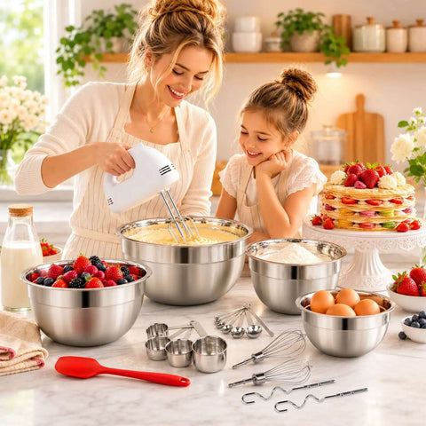 Mother and daughter using the Absolute Game Changer 5 Speed Electric Hand Mixer With Four Stainless Steel Mixing Bowls And Attachments Complete Baking Bundle Includes Measuring Cups And Spoons For No Sweat Cake Making At Home Always.