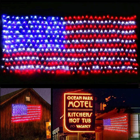 Patriotic American Flag LED Net Lights For Outdoor Decor, 420 LED Waterproof String Lights on house wall and building sign.