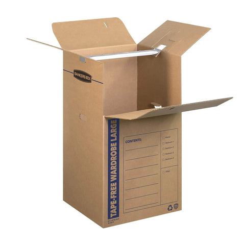 Heavy Duty Tape Free Wardrobe Moving Boxes 3 Pack With Sturdy Hanging Rail And Grippy Handles, large open cardboard box for closet packing.