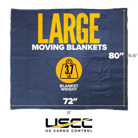 Heavy Duty Moving Blankets 72x80 4 Pack Blue Polyester Quilted Furniture Pads with size dimensions and weight displayed