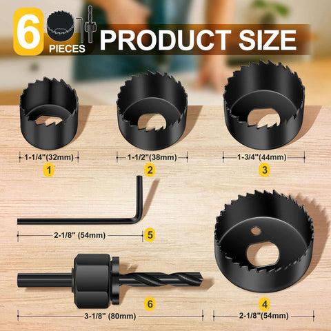 Front view: SkyStage 6-piece hole saw kit with four saws (32–54mm), mandrels and hex key; carbon steel.