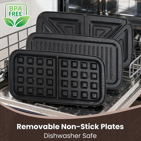 BPA-free removable non-stick plates for three in one waffle maker with removable plates for waffles sandwiches and pancakes