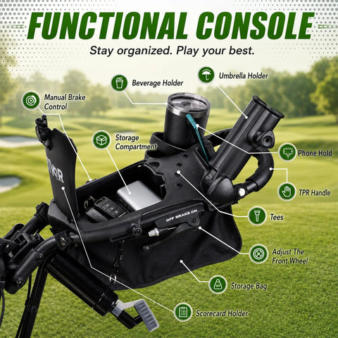 All Terrain Golf Push Cart With 360 Degree Front Wheels And Handbrake, three-wheel golf push cart with storage bag, cup holder, and phone holder