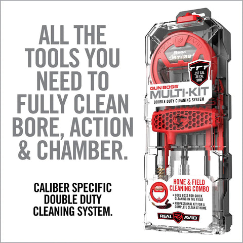All In One 9mm Gun Cleaning Kit For 9mm 357 And 38 Cal Handguns with clear case showcasing tools for gun maintenance.