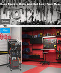 Before and after image showing a Heavy Duty Power Tool Organizer Cart With Charging Station And Battery Storage in a garage.