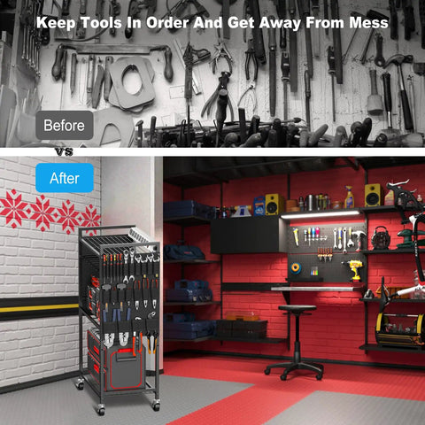 Before and after image showing a Heavy Duty Power Tool Organizer Cart With Charging Station And Battery Storage in a garage.